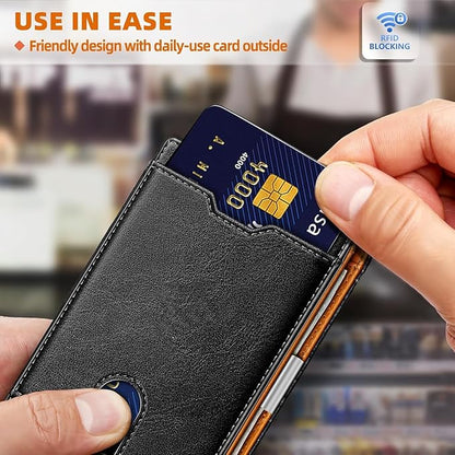 Genuine Leather Wallet for Men, Slim Bifold RFID Blocking with Zipper Coin Pocket, Minimalist Design for Travel and Daily Use (Carbon Fiber Black)