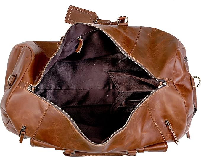 24 Inch Leather Duffle Bags for Men Large Full-Grain Buffalo Leather Overnight Gym Bag, Luggage Weekend Travel Bag for Men & Women, Carry On Airplane Cabin Bag with Shoe Compartment