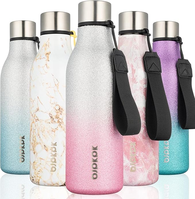 BJPKPK Insulated Water Bottles, 18 oz Stainless Steel Metal Water Bottle with Strap, BPA Free Leak Proof Jugs,Mugs,Flasks, Reusable Thermal Flasks for Sports & Travel,Sparkling Silver Pink