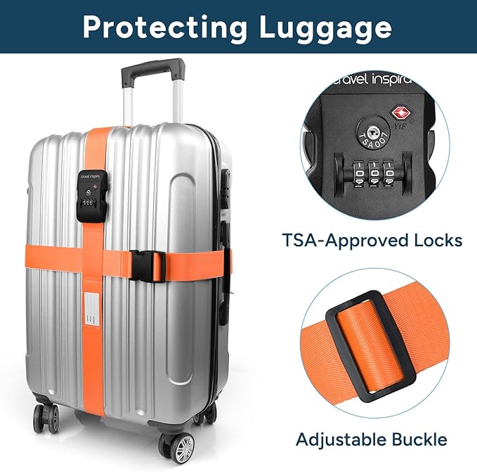 Travel Inspira Luggage Straps for Suitcases Travel Belt for Luggage TSA Approved Luggage Straps, Suitcase Straps 3-Dial Combination Locks Adjustable Suitcase Belt, Quick-Release Buckle (Orange)