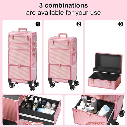 Makeup Train Case with Drawer, Rolling Makeup Case, Cosmetology Case on Wheels, Gift, Travel Makeup Organizers, Profesional Cosmetic Case for Salon Barber,Nail,Tattoo, Pink