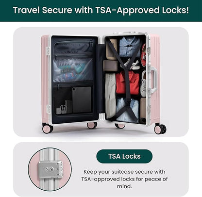 Nobl Travel Carry On Luggage, Noble Zipperless Aluminum Frame PC Hard Shell Suitcase, 20.8"x15"x8.7" Airline Approved, 360° Spinner Wheels, TSA Locks, USB Charging Port, Cup & Phone Holder - Blush