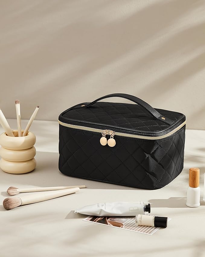 Prite Makeup Bag Portable Cosmetic Organizer with Brush Holder Waterproof Travel Toiletry Bag for Women with Handle and Divider (Black Rhombus)