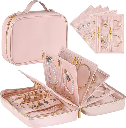 Vutlue Travel Jewelry Case Organizer for Women, Jewelry Storage Book with Small Pouch, Travel Jewelry Bag Case for Traveling Necklace, Earrings, Rings, Bracelet Organizer (Pink)