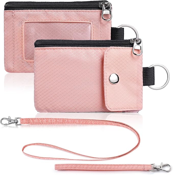 Minimalist Wallet For Mens Womens, Keychain RFID Blocking Zipper Small Wallet with ID Window 2 Lanyards,Water Resistant Travel Cash Card Coin Case Boys Girls