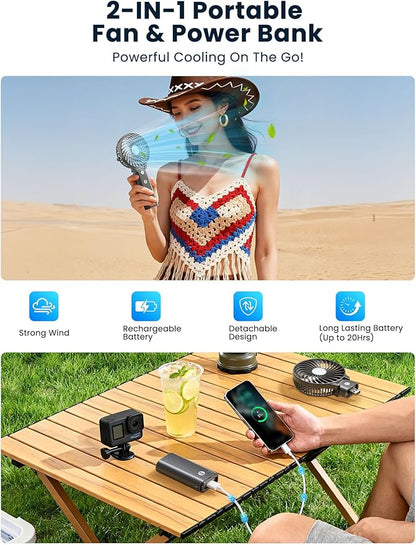 HandFan 5200mAh Portable Handheld Fan, Personal Hand Held Fan USB Rechargeable, 180° Foldable Portable & Detachable Handle Design,3 Speeds Strong Airflow Cooling for Travel/Outdoors/Indoors (Black)