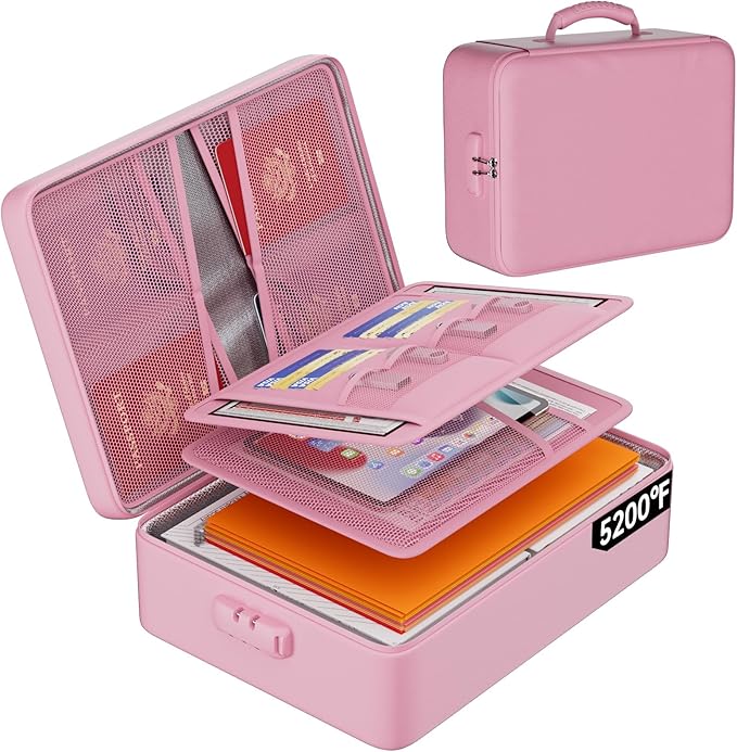 DocSafe 5200°F Document Organizer with Lock,Upgraded Heat Insulated Fireproof＆Waterproof Box 8 Layers File Organizer,Portable Home Travel Safe Storage for Important Documents, Files,Pink (Soft)