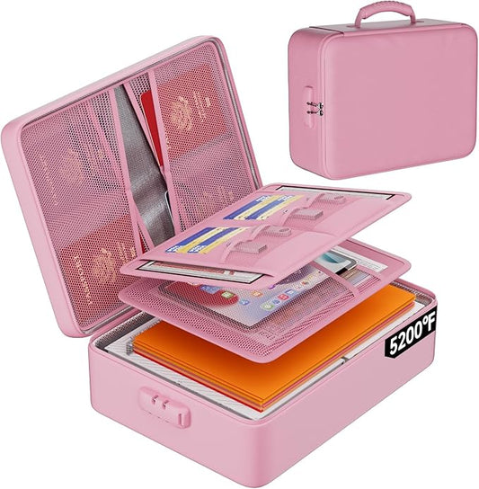 DocSafe 5200°F Document Organizer with Lock,Upgraded Heat Insulated Fireproof＆Waterproof Box 8 Layers File Organizer,Portable Home Travel Safe Storage for Important Documents, Files,Pink (Soft)