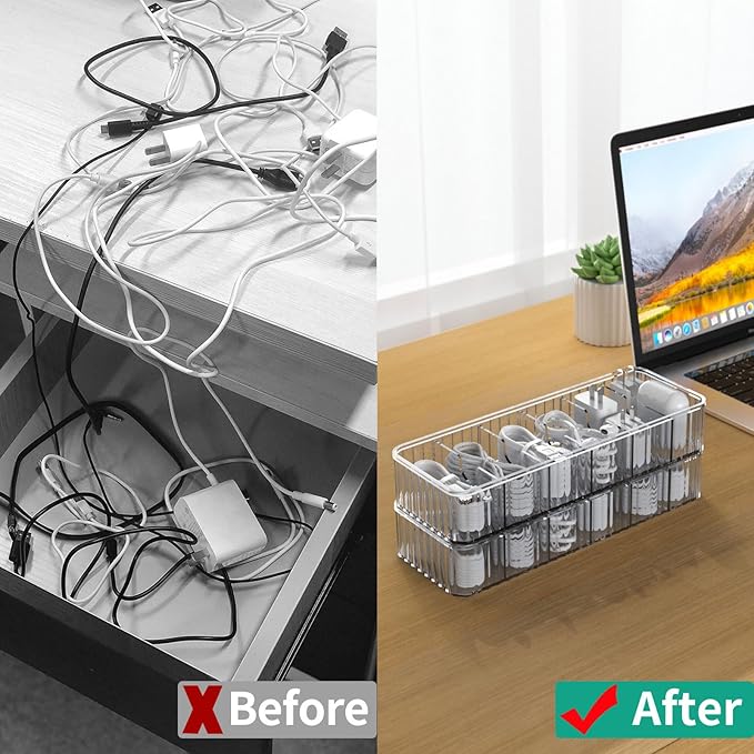 Cable Storage Boxes Organizers 2 Pack,Cord Charger Storage Organizer Box Case with 20pcs Cable Ties,Stackable,Clear
