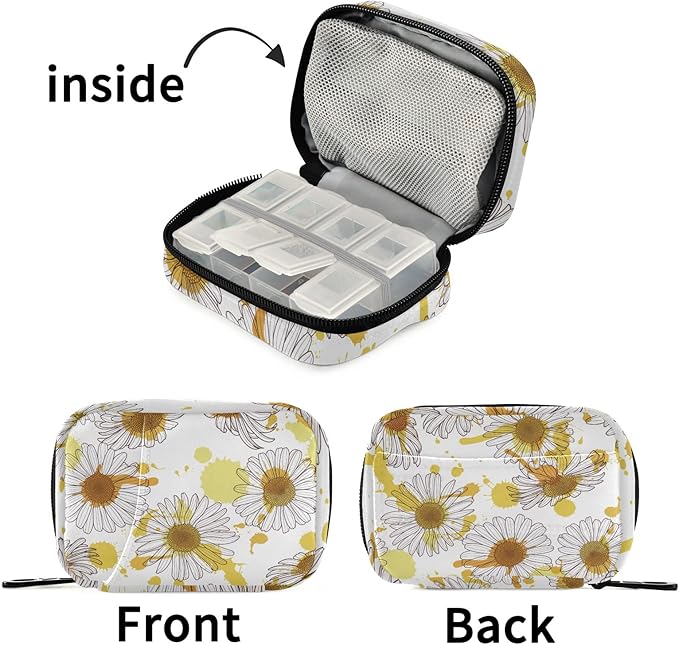 Travel Pill Organizer Weekly Small Cute Pill Box Case Holder Container Dispenser 7 Day Medicine Organizer Vitamin Holder Floral Daisy