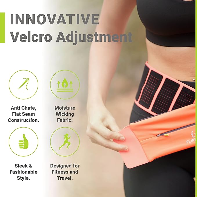 FlipBelt Adjustable Running Belt, Fitness and Running Fanny Pack for Women and Men, Non Chafing Waist Band Pack for Phone Keys Money, Moisture Wicking Storage Belt, USA Company