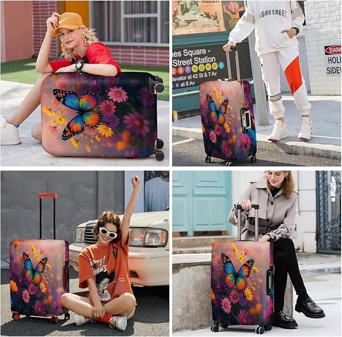 ANNA QUEEN Vibrant Butterfly Luggage Cover, Colorful Floral Design with Rainbow Butterfly, Stretchable, Washable Travel Sleeve for 20-34 Inch Luggage