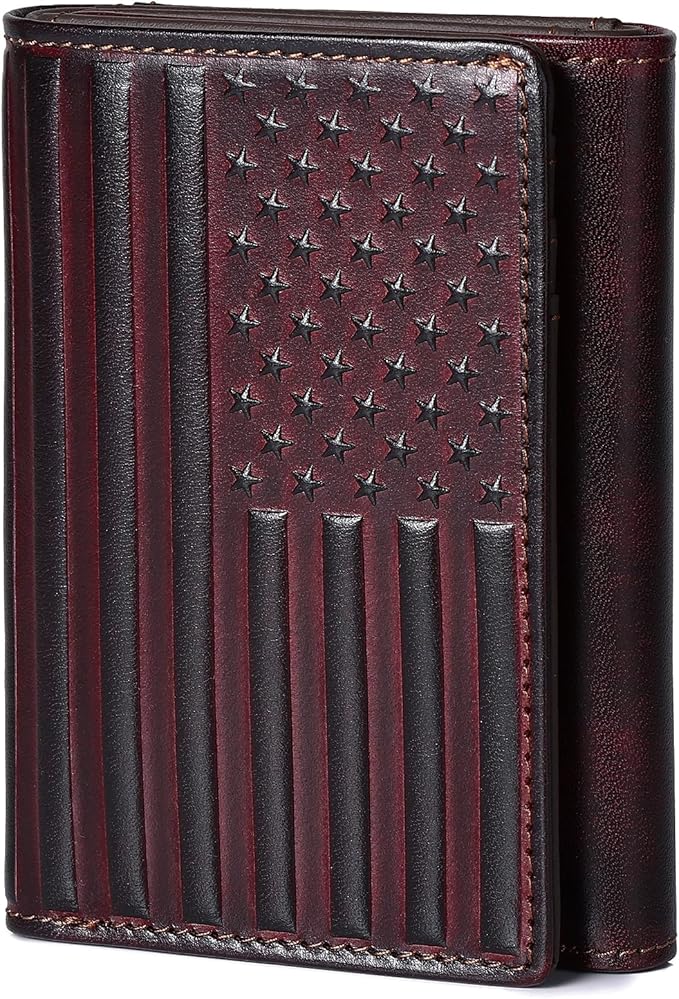 Trifold Leather Wallet for Men RFID Blocking – Mens Trifold Wallet Leather with 12 Card Slots, Gift for Men, American Flag Wallet Red