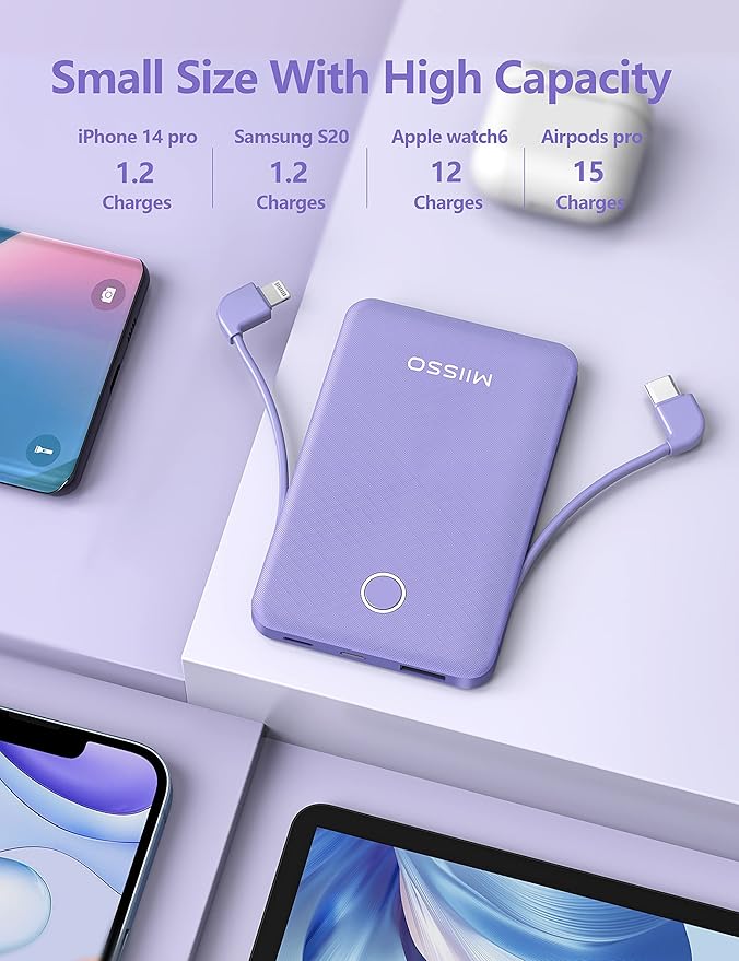 6000mah Ultra Slim Built in Cables Power Bank, Card Size Built in USB C Cords Battery Pack Portable Charger for Phones, 3 Output External Battery Pack Compatible with iPhone, 2-Pack White & Purple