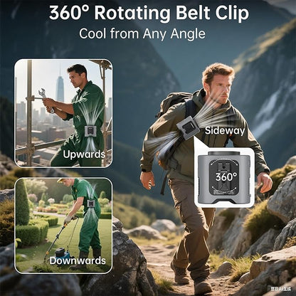 PANERGY Portable Waist Fan, 67H Runtime Wearable Fan with 4+1 Speeds, Storm Mode, 14500mAh Rechargeable Belt Fan with Dual Clip, Flashlight for Outdoor Jobsite(Grey)