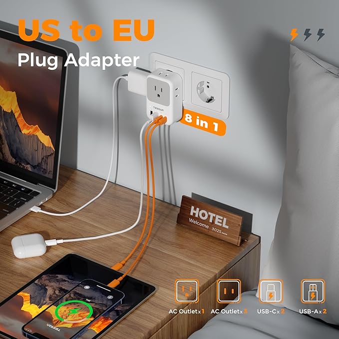 TESSAN European Travel Plug Adapter 2 Pack, PD 20W Adapter for Europe Plug with 4 AC Outlets 4 USB (2 USB C), Type C Adaptor for US to Europe, Italy, Spain, France, Portugal, Greece, Iceland, Germany