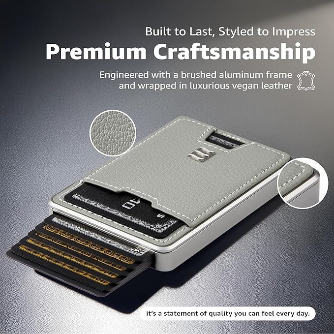 RFID Blocking Wallet, Minimalist Card Holder with Quick Access, Holds 1 to 12 Cards & Cash, Vegan Leather & Brushed Aluminum, Gift-Ready Packaging (Gray)