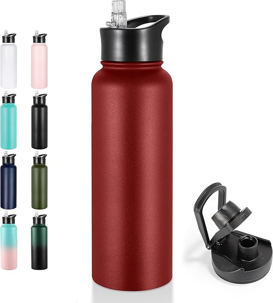VEGOND 40 oz Insulated Water Bottle Stainless Steel Metal Water Bottles with Leak Proof Straw Lid & Spout Lid, Wide Mouth Double Walled Vacuum Travel Sports Bottle, Red
