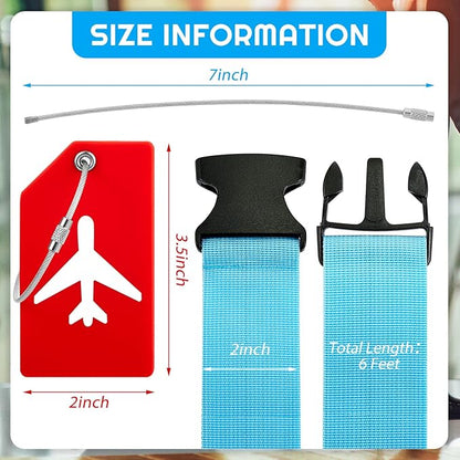 Weewooday 8 Pcs Luggage Straps Suitcase Tags Set for TSA Approved, 4 Travel Adjustable Suitcase Belt, 4 Silicone Luggage Tags with Name ID Card Travel Accessories(Red, Blue, Black, Yellow,Airplane)
