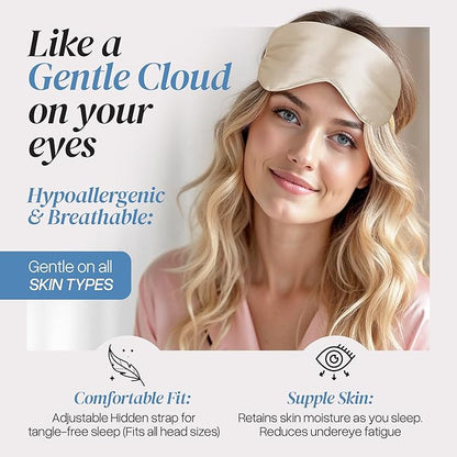 Silk Sleep Mask - Luxurious 100% Pure Mulberry Silk Eye Mask for Restful Sleep and Travel, Hypoallergenic, Cooling, Total Blackout, Adjustable for Women & Men (Champagne Gold)