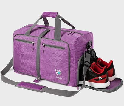 Bago Foldable Duffel Bags for Traveling Women & Men - 40L Sports Packable Duffle Bag for Travel with Shoe Compartment - Water Repellant, Heavy Duty, Lightweight Folding & Collapsible (Purple)