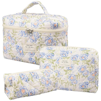 Makeup Bag,Quilted Cosmetic Bags,Large Floral Make Up Organize bag,Makeup Bag Set for Women,Flower Travel Toiletry Bag