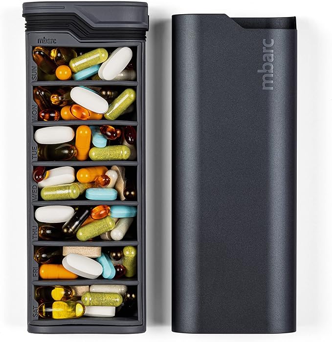 mbarc XL 7 Day Weekly Pill Organizer – Extra Large Capacity Pill Box - Premium Pillcase (XL, Steel Grey)