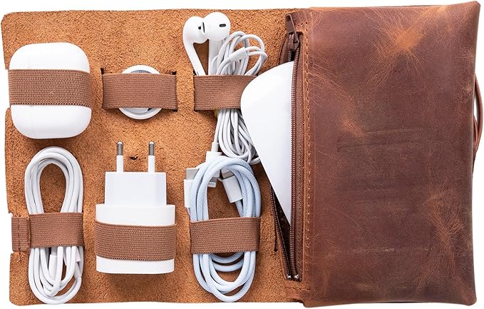 HARDISTON Custom Genuine Leather Electronic Cable Organizer Bag Handmade Travel Cord Organizer Roll Case for Hard Drives, Cables, Charger, Phone, USB, SD Card (Medium - Brown)