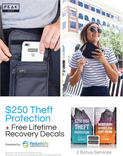 Peak Gear RFID Neck Wallet - The Original Travel Pouch with Adjustable Crossbody Strap + Theft Protection and Lost & Found Service | Black