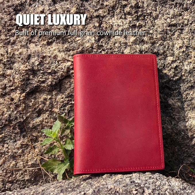 STAR VISTA Albatross Leather Travel Passport Holder, Minimalist Design, Full Grain Leather Case for Women and Men - Slim Passport Wallet, Bifold, RFID Blocking, with AirTag Holder, Crimson Red