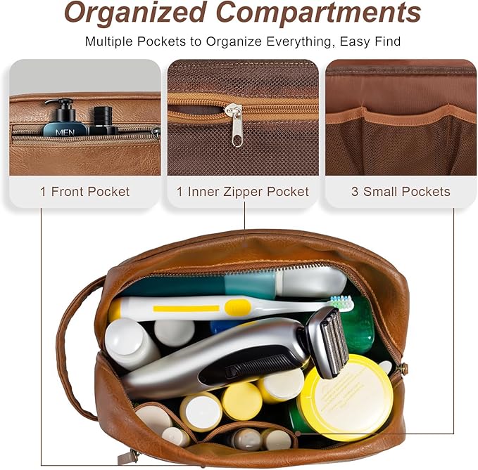 Travel Toiletry Bag for Men and Women, Travel Shaving Dopp Kit Water-resistant Bathroom Toiletries Organizer PU Leather Cosmetic Bags (Dark Brown)