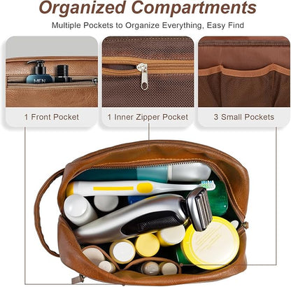 Travel Toiletry Bag for Men and Women, Travel Shaving Dopp Kit Water-resistant Bathroom Toiletries Organizer PU Leather Cosmetic Bags (Dark Brown)