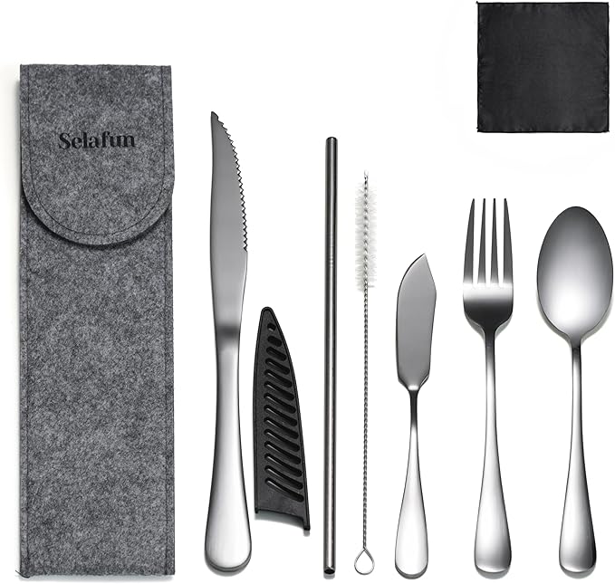 Travel Utensils with Case, Portable Travel Silverware Set Stainless Steel Lunch Box Cutlery Set for Work, Camping, Picnic, Hiking, Office (Silver)