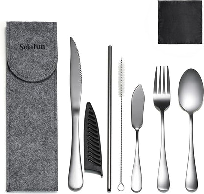 Travel Utensils with Case, Portable Travel Silverware Set Stainless Steel Lunch Box Cutlery Set for Work, Camping, Picnic, Hiking, Office (Silver)