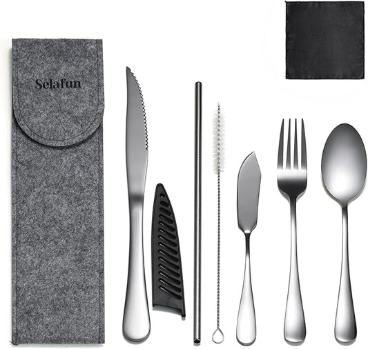 Travel Utensils with Case, Portable Travel Silverware Set Stainless Steel Lunch Box Cutlery Set for Work, Camping, Picnic, Hiking, Office (Silver)