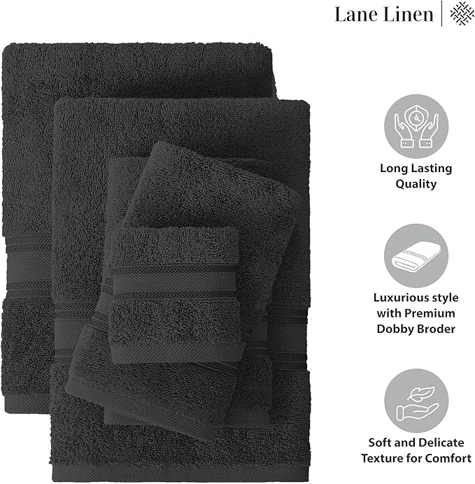 LANE LINEN Luxury Towels Set - 3 Piece Set, 100% Cotton Bathroom Towels, Zero Twist, Quick Dry Shower Towels, Absorbent Bath Towel, Super Soft, 1 Bath Towel, 1 Hand Towel, 1 Wash Cloths - Black