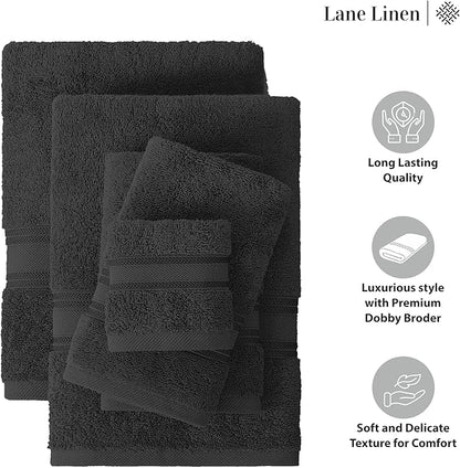 LANE LINEN Luxury Towels Set - 3 Piece Set, 100% Cotton Bathroom Towels, Zero Twist, Quick Dry Shower Towels, Absorbent Bath Towel, Super Soft, 1 Bath Towel, 1 Hand Towel, 1 Wash Cloths - Black