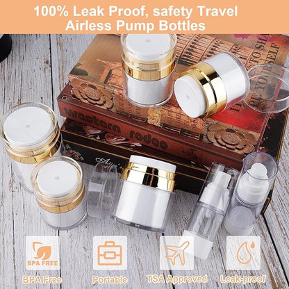 20 Pack Airless Pump Jars Set, 3.34/1.7/1/0.5/oz Refillable Travel Size Containers, Gold Travel Bottles Empty Lotion Container, Glass Jars for Toiletries Moisturizer Container