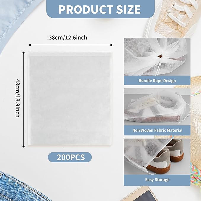 200 Pcs Dust Proof Shoe Bag, Non Woven Shoe Storage Bags for Men and Women, Drawstring White Shoes Pouch Storage for Travel (12.8 x 18.9 Inch)