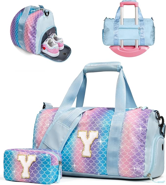 Daughter Birthday Gifts-Girl Gym Bag with Shoe Compartment, Kid Personalized Weekender Overnight Bags, Initial Travel Tote with Makeup Pouch, Graduation Gift for Girls (Letter Y)