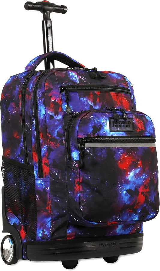 J World Sundance Laptop Rolling Backpack for Girls Boys. Roller Bookbag with Wheels, Galaxy