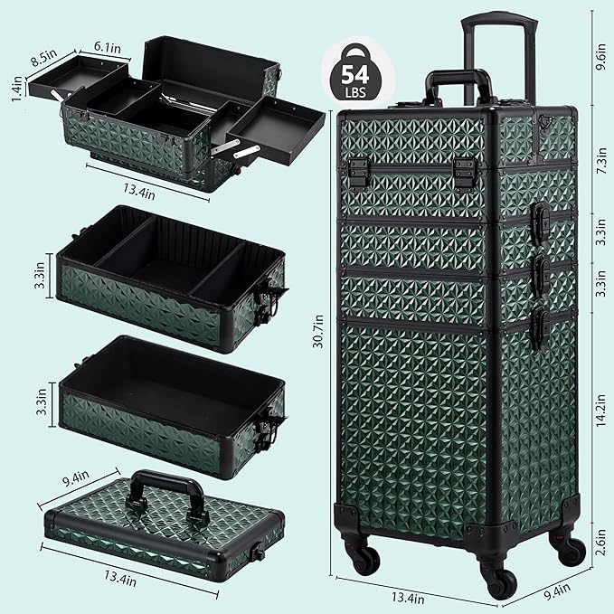 Rolling Makeup Case, Makeup Train Case with Lid, 5 in 1 Cosmetology Case on Wheels, Christmas Gift, Large Makeup Case Organizers, Profesional Cosmetic Case for Salon Barber,Black Green