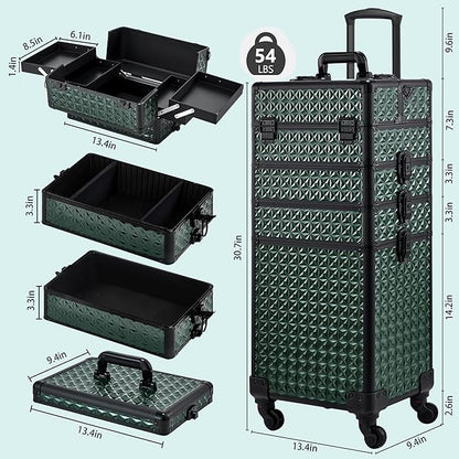 Rolling Makeup Case, Makeup Train Case with Lid, 5 in 1 Cosmetology Case on Wheels, Christmas Gift, Large Makeup Case Organizers, Profesional Cosmetic Case for Salon Barber,Black Green
