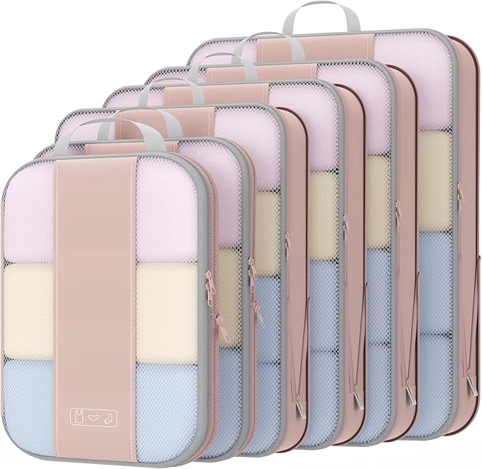 6 Set Compression Packing Cubes for Travel Essentials,Compressible Expandable Packing Cubes for Suitcase,OlarHike Luggage Organizer Bags for Travel,Handy Helper for Organizing Clothes(Beige)