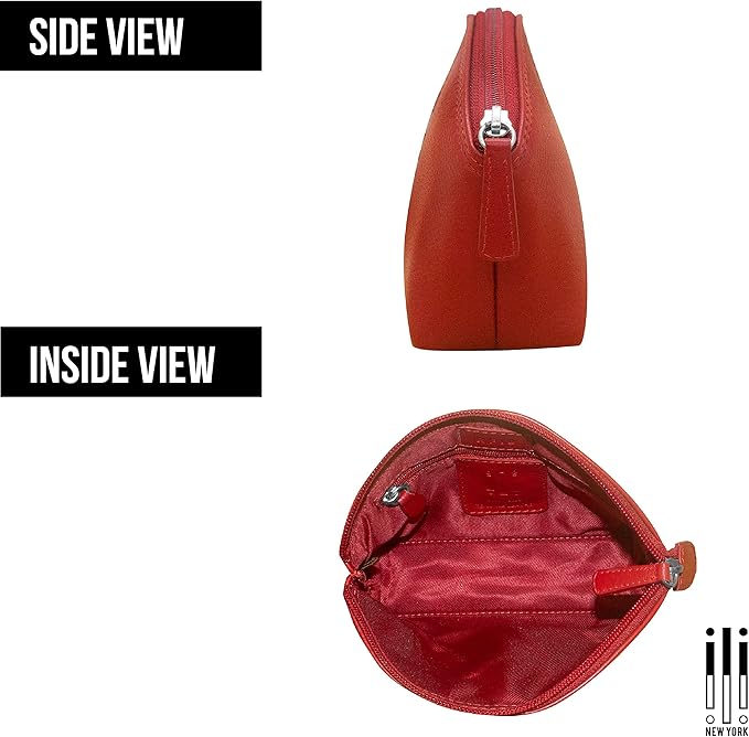 ili New York Genuine Leather Cosmetic Pouch – RFID Blocking, Leather Makeup Bag for Purse with Top Zip Closure & Interior Zip Pocket, Perfect as a Compact and Stylish Travel Cosmetic Bag