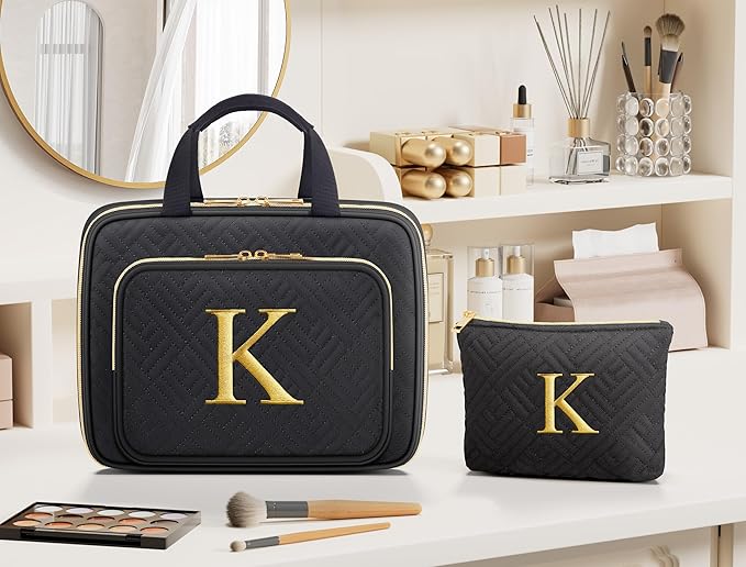 Gifts for Women, Initial Toiletry Makeup Bag Hanging Cosmetic Organizer with Embroidery Letter Personalized Nurse Teacher Appreciation Gift Birthday Christmas Gifts for Mom Sister Wife Friend Auntie