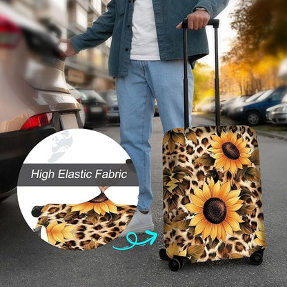 Luggage Cover Protector for 30-32 Inch Suitcases, TSA Approved Elastic Travel Suitcase Covers, Anti-Scratch Washable Luggage Sleeve for Carry On & Checked Bags, Leopard Sunflower