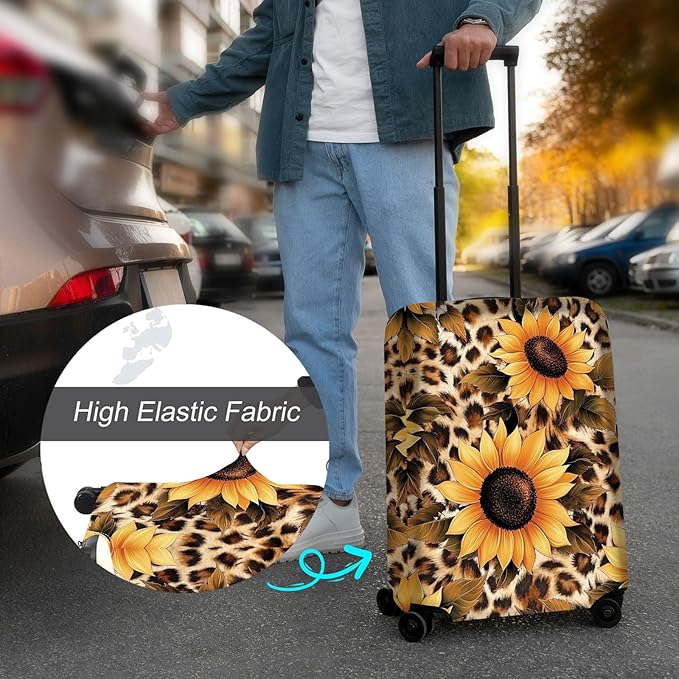 Luggage Cover Protector for 26-28 Inch Suitcases, TSA Approved Elastic Travel Suitcase Covers, Anti-Scratch Washable Luggage Sleeve for Carry On & Checked Bags, Leopard Sunflower