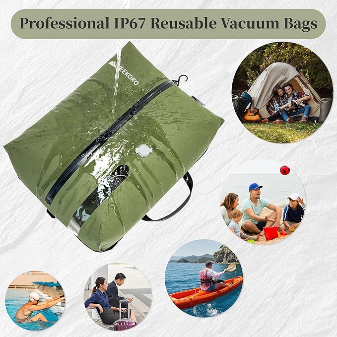 Vacuum Bags for Travel, Professional IP67 Reusable Vacuum Compression Bags for Travel Suitcases, Durable Space Saver Bag (2 PACK GREEN, No Pump)