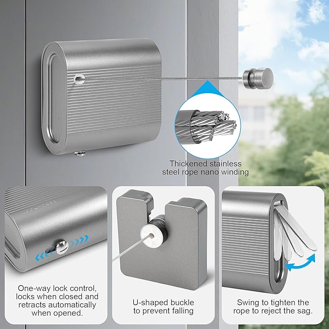 Retractable Clothesline, Anti-Sagging Portable Heavy Duty Washing Line for Indoor and Outdoor (Grey)